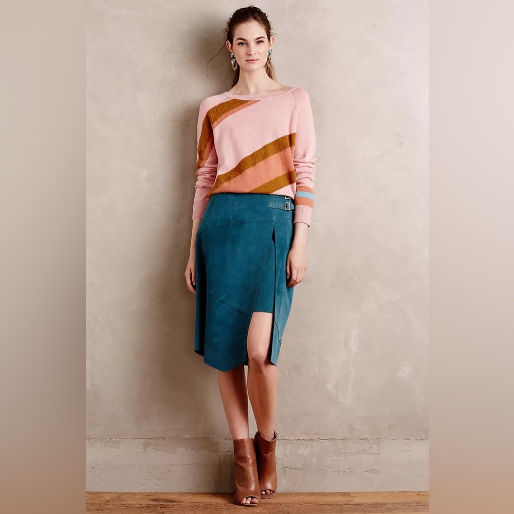 Leifsdottir Pieced Suede waist buckle Teal Asymmetric Panel Midi Skirt pencil 10